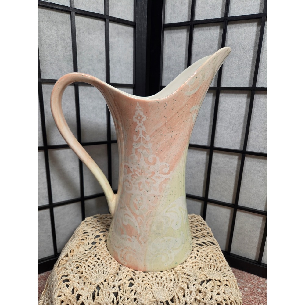 Pfaltzgraff Blush Accents Ceramic Pitcher Peach Green Damask Floral Vase 10 inch
